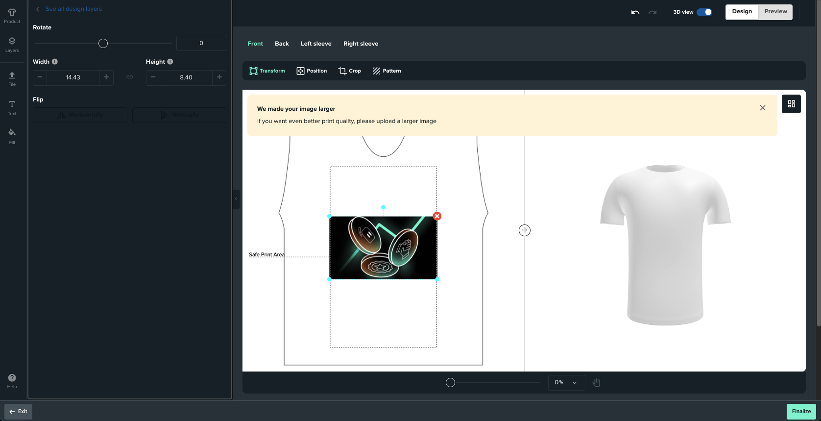 Merch Editor with notification saying "We made your image larger. If you want an even better quality print, please upload a larger image"
